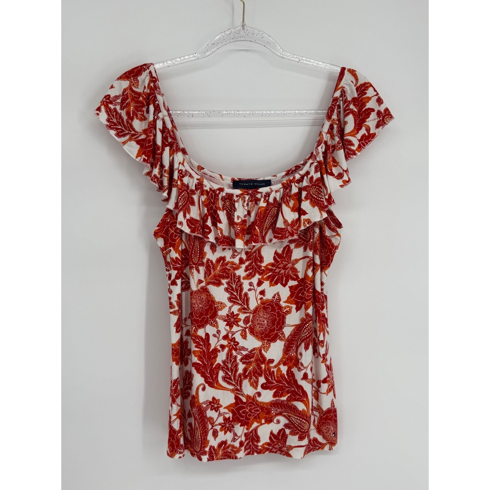 Tommy Hilfiger Women Red Orange Floral Paisley Flutter Off The Shoulder Top L